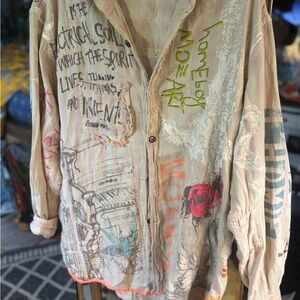 Magnolia Pearl L’Homie Boyfriend Button-Down Shirt with Multicolor Graffiti Art